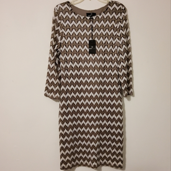 Ronni Nicole Dresses & Skirts - Ronni Nicole Taupe/Ivory/Gold Embroidered Chevron Print Sheath Dress Size 14